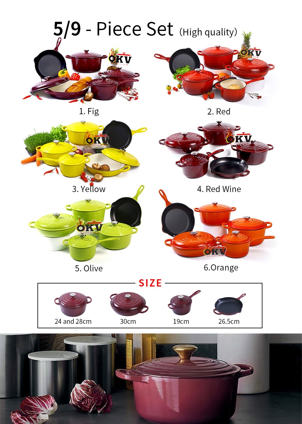 9 pieces Enamel Cast Iron Pot