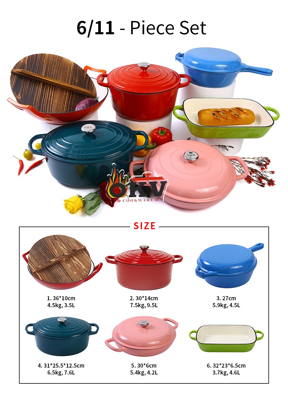 11 pieces Enamel Cast Iron Pot